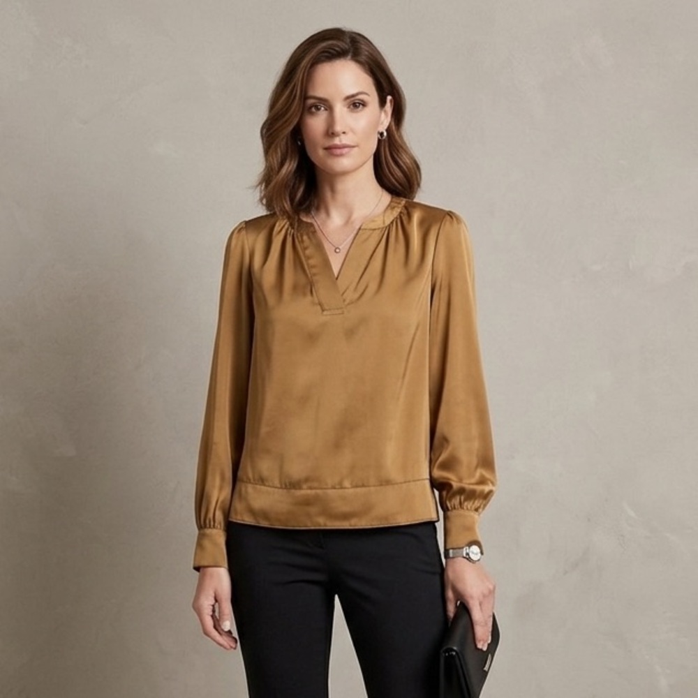 RAFAELLA satin split-neck‎ Elegant Tan Blouse